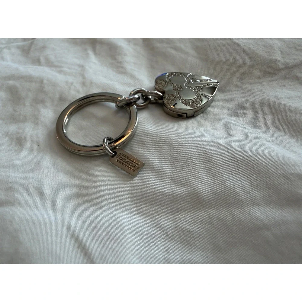 Coach Silver Heart Locket Keychain Crystal C Logo Bag Charm